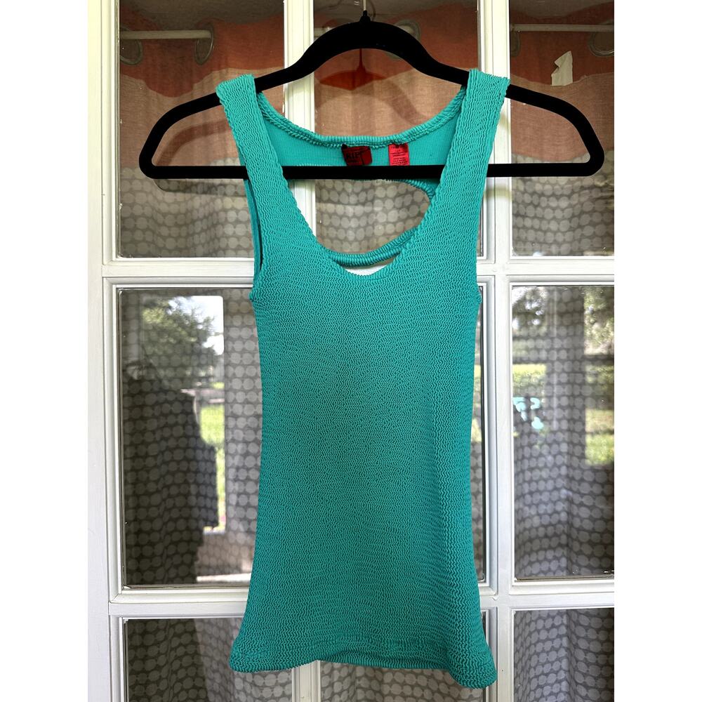 Vintage Tripp NYC Y2K Teal Crinkle Popcorn Knit Tank Top Ladder Cutout Back
